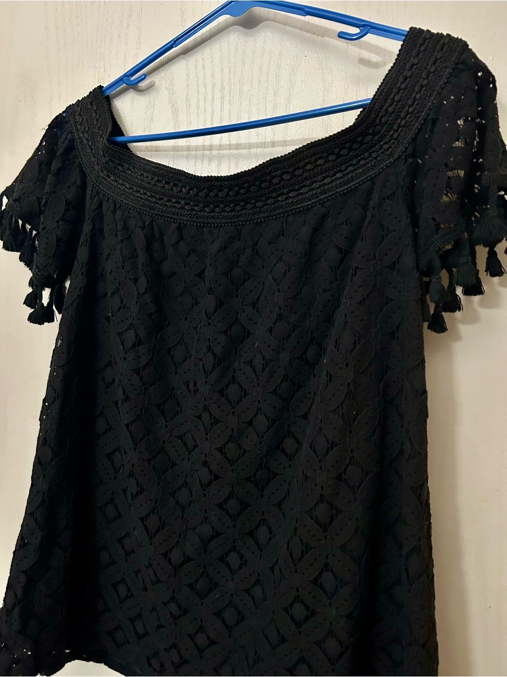 Charming Charlie Black Crochet Lace Tassel Top Size M Boho